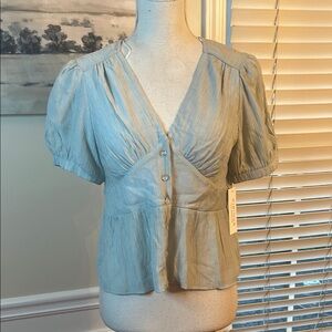 Light Blue Puff-Sleeve V-Neck Peplum Blouse